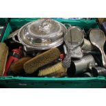 A TRAY OF ASSORTED WHITE METAL ITEMS TO INCLUDE DRESSING TABLE MIRROR, LIDDED TUREEN ETC. (NOT