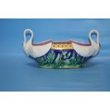 A MAJOLICA TWIN HANDLED SWAN BOWL, NO MARKS