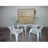 A GARDEN TABLE AND FOUR CHAIRS (PLASTIC) AND A BOXED BENTWOOD IKEA POANG CHAIR