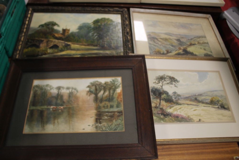 AN OIL ON CANVAS OF A COUNTRY SCENE TOGETHER WITH A WATERCOLOUR OF CATTLE IN A RIVER ETC. (4)