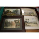 AN OIL ON CANVAS OF A COUNTRY SCENE TOGETHER WITH A WATERCOLOUR OF CATTLE IN A RIVER ETC. (4)