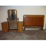 AN ANTIQUE TWIN PEDESTAL DRESSING TABLE A/F TOGETHER WITH A HEADBOARD
