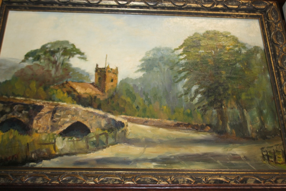 AN OIL ON CANVAS OF A COUNTRY SCENE TOGETHER WITH A WATERCOLOUR OF CATTLE IN A RIVER ETC. (4) - Image 3 of 5