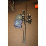 TWO SHIMANO FISHING REELS TOGETHER WITH A GREYS CARP ROD, SPARE SPOOLS AND TWO REEL BAGS