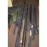 A COLLECTION OF ASSORTED FISHING RODS TO INCLUDE MAVER, SHAKESPEARE, A TELESCOPIC CARPTEK ROD, A ROD