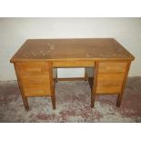 A RETRO OAK TWIN PEDESTAL DESK WITH SOME WATER MARKS ON TOP, L 137 CM D 76 CM