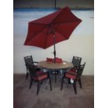 A PLASTIC GARDEN TABLE, FOUR CHAIRS AND ADJUSTABLE PARASOL (UNUSED)