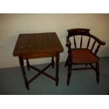 A SMOKERS BOW CHAIR AND AN ANTIQUE DRAW LEAF TABLE