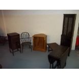 A SELECTION TO INCLUDE AN OAK UNIT, A STICK BACK CHAIR, AN OAK DROP LEAF TABLE ETC. (6)