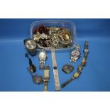 A QUANTITY OF COSTUME JEWELLERY, WRIST WATCHES ETC.