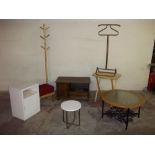 A QUANTITY OF EIGHT ITEMS TO INCLUDE SEWING BOX, COAT STAND, TABLES ETC. (8)
