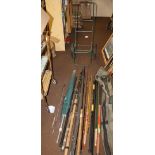 A QUANTITY OF ASSORTED FISHING RODS TO INCLUDE A SEALEY FLOAT ROD, LANDING NET HANDLES, FISHING