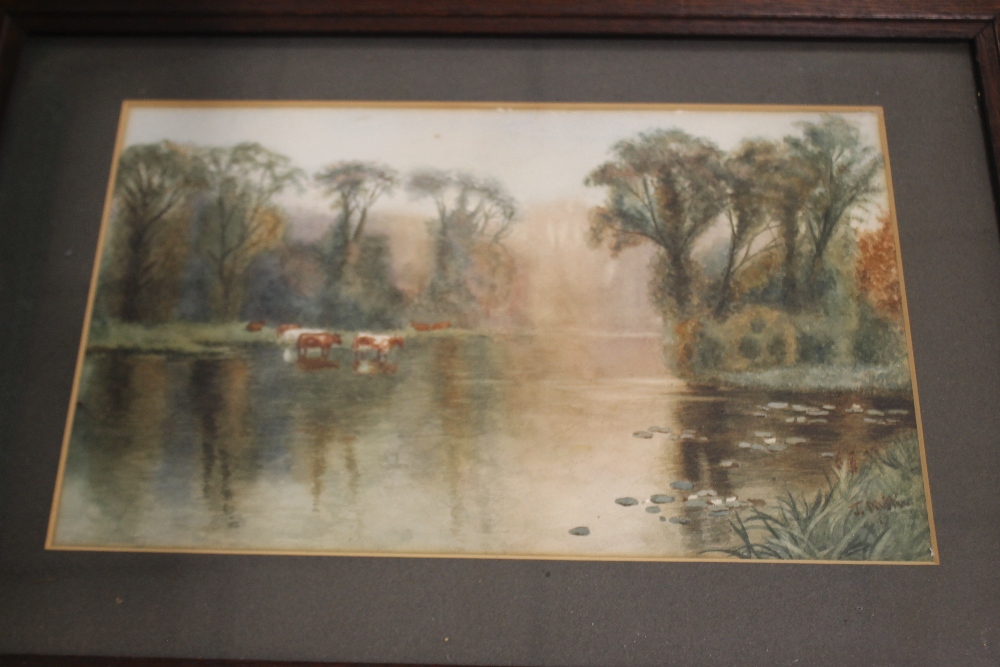 AN OIL ON CANVAS OF A COUNTRY SCENE TOGETHER WITH A WATERCOLOUR OF CATTLE IN A RIVER ETC. (4) - Image 2 of 5