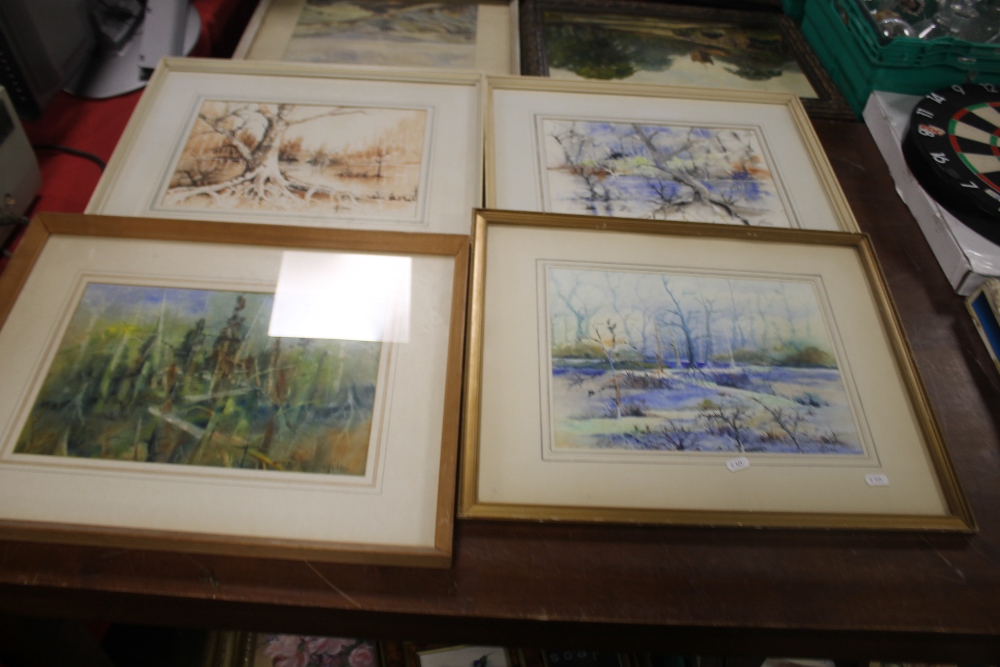 FOUR FRAMED WATERCOLOURS INCLUDING THREE COUNTRYSIDE SCENES SIGNED T. GIBBS