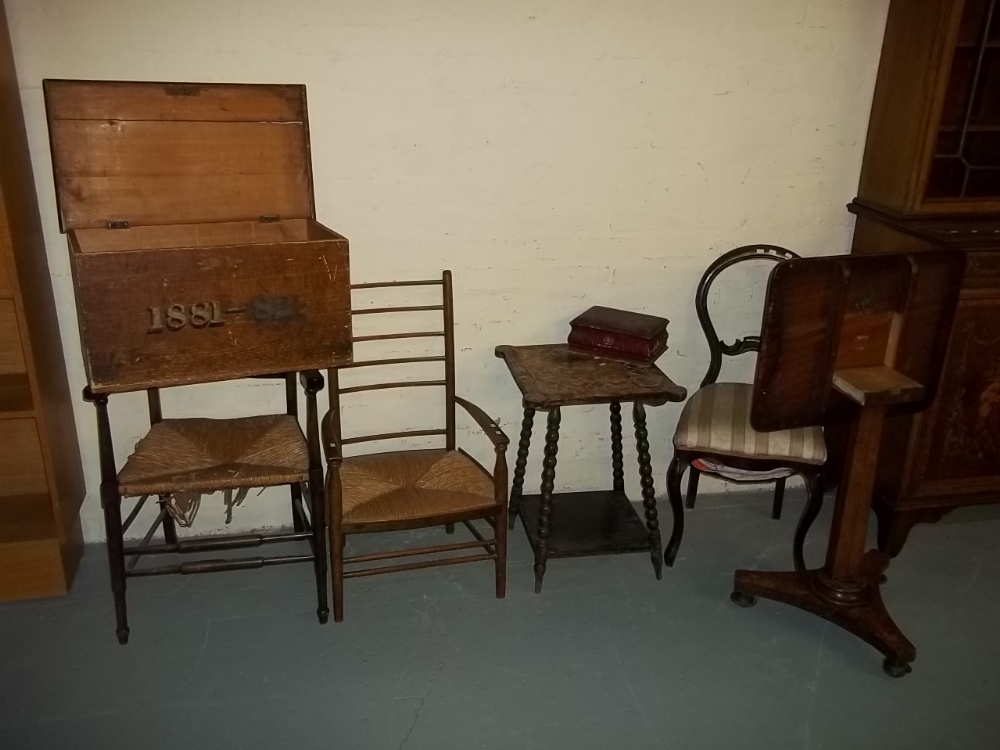 A SELECTION OF SEVEN ITEMS TO INCLUDE A DEORGIAN TILT TOP PEDESTAL TABLE, THREE CHAIRS, A PINE STOR - Image 2 of 9