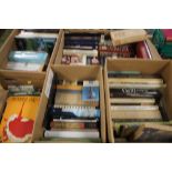 FIVE BOXES OF BOOKS TO INCLUDE HISTORY, ART REFERENCE, MILITARY, ANTIQUE REFERENCE ETC.