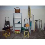 A SELECTION OF HOUSEHOLD ITEMS TO INCLUDE STEPLADDERS, STOOLS, GARDEN TOOLS AND SHELVES