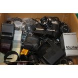 A TRAY OF CAMERAS AND ACCESSORIES TO INCLUDE MINOLTA XG2, VARIOUS LENSES ETC. (NOT INCLUDING TRAY)