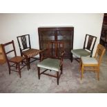 A MAHOGANY DISPLAY CABINET + FIVE MIXED CHAIRS (6)