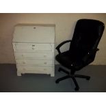 A RETRO SHABBY CHIC BUREAU WITH TWO KEYS AND A LEATHER SWIVEL OFFICE CHAIR