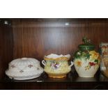 A VINTAGE LAMP SHADE TOGETHER WITH A LIDDED JAR AND A TWIN HANDLED VASE