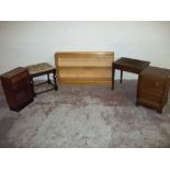 A SELECTION TO INCLUDE AN OAK BOOK SHELF, A SEWING BOX, A ROSSITER SEWING UNIT ETC. (5)