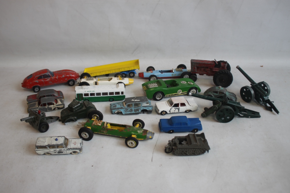 A QUANTITY OF PLAYWORN DIECAST AND OTHER VEHICLES, to include Triang Spot on, Lone Star, Britains