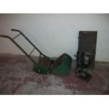 A VINTAGE PUSH MOWER AND A WOLF PILLAR DRILL TOGETHER WITH A TOOL BOX