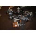 VINTAGE RETRO COLLECTABLES to include chrome samova, coffee perculator, bakelite tie press etc.