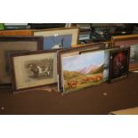 A QUANTITY OF PICTURES AND PRINTS TO INCLUDE CATTLE INTEREST, DOGS ETC.