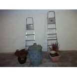TWO ALUMINIUM STEP LADDERS, A GARDEN INCINERATOR AND PLANTERS