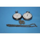 TWO SILVER OPEN FACED POCKET WATCHES, with chains (2)