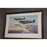 A FRAMED SIGNED LIMITED EDITION 'PHILIP E. WEST' AVIATION PRINT TITLED 'SPITFIRES HIGH PATROL' 20/