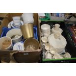 A QUANTITY OF ASSORTED PLANT POTS TOGETHER WITH A TRAY OF TEA & DINNERWARE (NOT INCLUDING TRAYS)