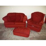 A THREE PIECE SUITE - TWO SEATER SETTEE, ONE CHAIR, ONE POUFFE, CHENILLE FABRIC