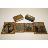 FOUR ANTIQUE DAGUERREOTYPE STYLE PICTURES TOGETHER WITH A SNUFF BOX AND A WOODEN VESTA