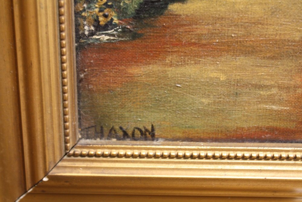 T HAXON - A GILT FRAMED OIL ON CANVAS OF A COUNTRY GARDEN SCENE 48.5CM X 39CM - Image 3 of 4