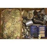 A TRAY OF VINTAGE HORSE BRASSES, TOGETHER WITH A BOX OF MOSTLY SILVER PLATED METALWARE ETC. (2)