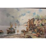 A FRAMED OIL ON CANVAS OF AN ITALIAN STYLE COASTAL VILLAGE SCENE