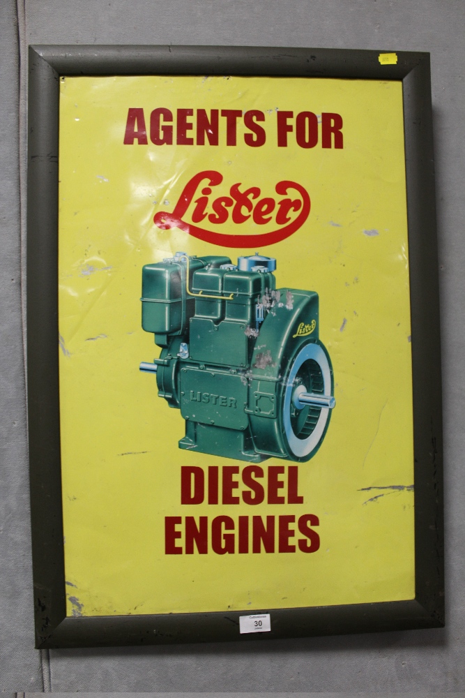 A VINTAGE FRAMED ADVERTISING SIGN 'AGENTS FOR LISTER DIESEL ENGINES' 76CM X 52.5CM