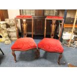 A PAIR OF ANTIQUE INLAID AND UPHOLSTERED BEDROOM CHAIRS