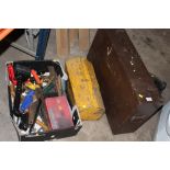 A TRAY OF TOOLS AND PARTS ETC PLUS A CARPENTERS TOOLBOX AND METAL TOOL BOX A/F
