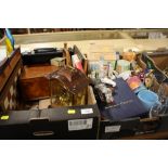 A TRAY OF COLLECTABLES TO INCLUDE A WALNUT BOX, WOODEN CHESS SET ETC. TOGETHER WITH A TRAY OF