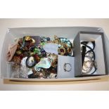 A BOX OF COSTUME JEWELLERY AND WRISTWATCHES ETC