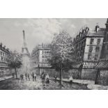 BURNET - A FRAMED ACRYLIC ON BOARD DEPICTING A PARISIAN SCENE WITH FIGURES 71CM X 60CM