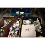 TWO TRAYS AND A BASKET OF ASSORTED CERAMICS TO INCLUDE A ROYAL ALBERT OLD COUNTRY ROSES TELEPHONE,