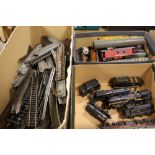 THREE SMALL BOXES OF MODEL RAILWAY ACCESSORIES TO INCLUDE TRI-ANG LOCOMOTIVES, CARRIAGES AND TRACK