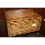 A VICTORIAN INLAID WALNUT WORK BOX WITH MOTHER OF PEARL DETAIL - FADED