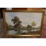 A GILT FRAMED OIL ON CANVAS DEPICTING A COUNTRY RIVER SCENE SIGNED P WILSON 84 CM X 58 CM