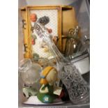 A LARGE BOX OF ASSORTED CERAMICS AND GLASSWARE TO INCLUDE AN AYNSLEY MATT FINISH BIRD FIGURE, CUT